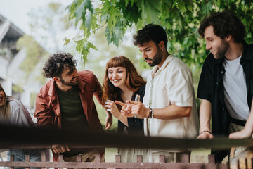 Four friends gather outdoors in a lush park, smiling and sharing a joyful experience. They lean over a wooden fence, engaged and happy, surrounded by greenery and natural light.