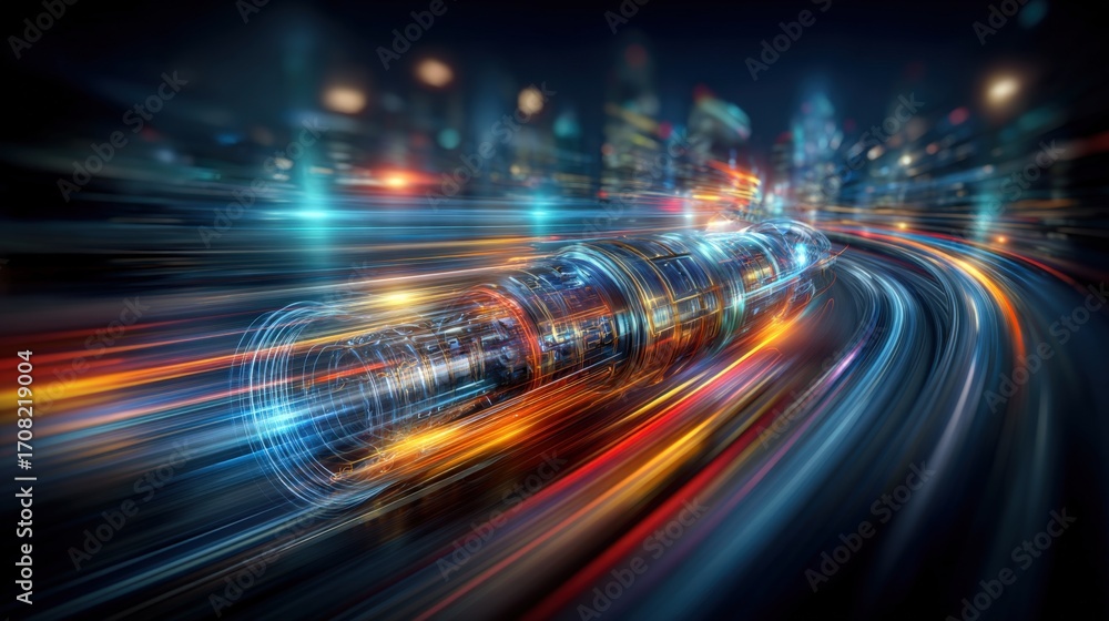 Poster high-speed data stream through urban infrastructure, representing modern technology and digital conn