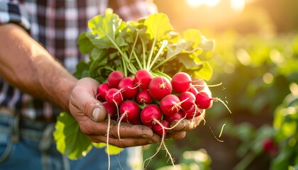 Farmer's Hands Holding Freshly Harvested Red Radishes in a Sunny Garden