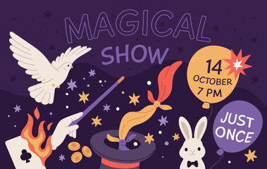 Magic show. Wizard tricks elements, illusionist performance invitation banner, cards, rabbit, top hat, pigeon, mystery event, entertainment show, garish vector cartoon flat concept