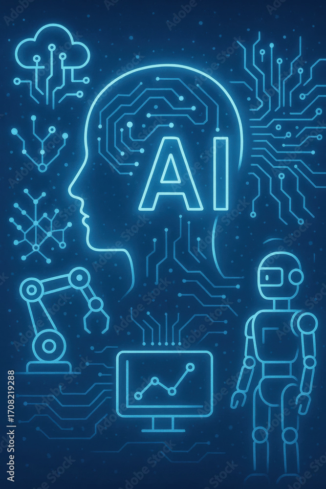 Aufkleber futuristic glowing neon illustration of artificial intelligence with human head silhouette, ai text,