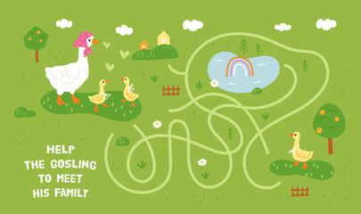 Funny geese maze. Cute mother goose with little goslings, family reunion helping, kids educational labyrinth game, page template, cartoon flat style isolated garish vector concept