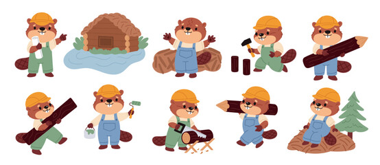 Funny beaver characters. Cute animal in jumpsuit, kids mascot, cartoon brown rodent, natural dams builder, river wildlife, constructor or carpenters symbol, garish vector cartoon isolated set