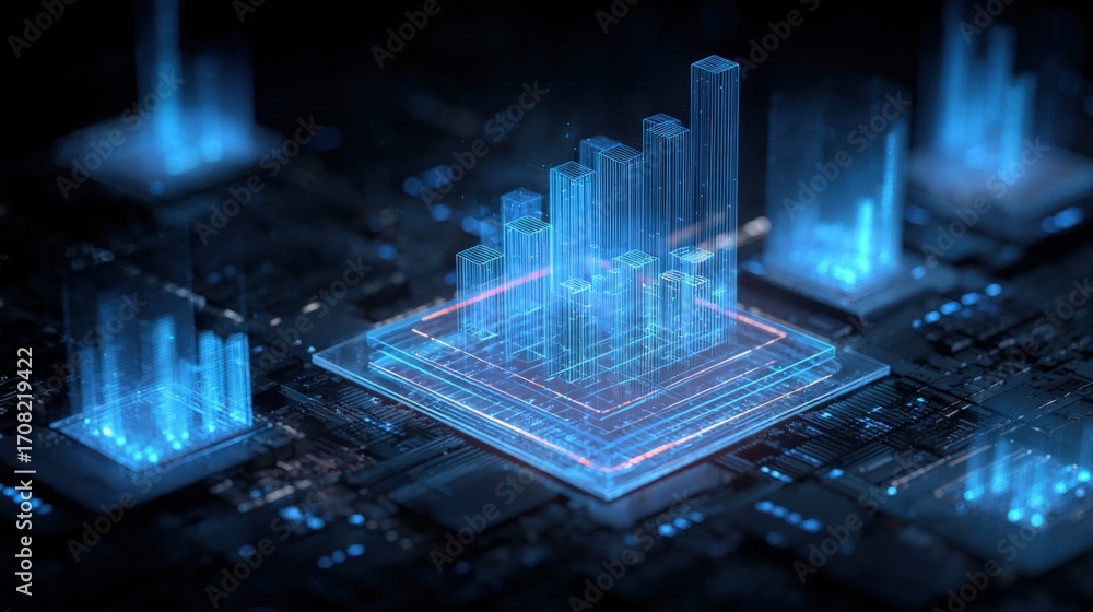 Poster digital data visualization on circuit board: illustrating technological growth and financial market 