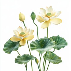 Fototapeta premium Beautiful bouquet of three delicate white lotus flowers, a bud, and a large green leaf, is set against clean white background.