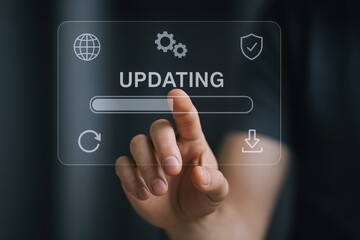 Software Update Progress Displayed on Glass Interface with Hand Interaction, Featuring Data Security and System Optimization