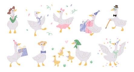 Cute goose characters. Funny farm domestic birds in hats, cartoon dressed geese, different poses, emotions and actions, goslings happy mascot, kids textile and nursery, garish vector isolated set