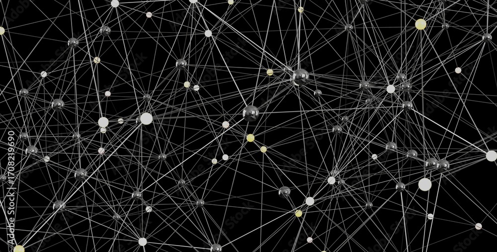 Poster abstract image depicting a complex network of interconnected nodes. ideal for technology, data scien