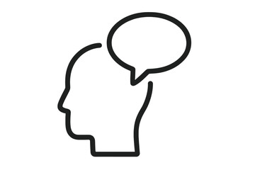 Human head silhouette with speech bubble. Concept for communication, idea, talking, opinion, message. Psychology, therapy, support, dialogue and thinking process icon. Vector.
