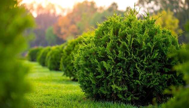 A row of meticulously shaped, vibrant green bushes lines a neatly trimmed lawn, with sunlight softly filtering through the trees in the background