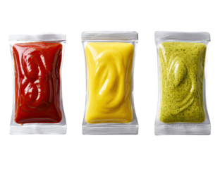 Three pouches of condiments ketchup, mustard, and a green sauce