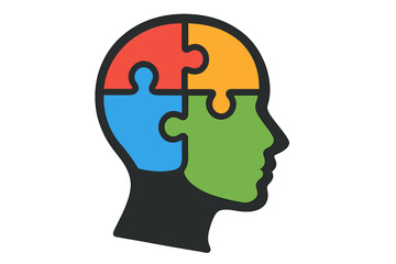 Mental health psychology concept. Head silhouette with colorful puzzle pieces. Represents brain function, problem solving, logic, creative thinking, solution, and autism awareness.