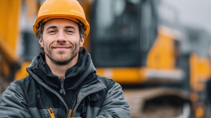 Confident Construction Worker Smiling in Front of Heavy Machinery on a Cloudy Day