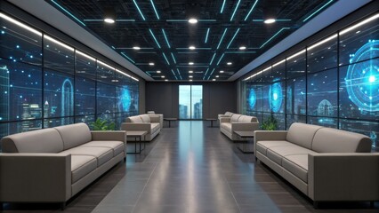 A modern office space featuring sleek sofas, large windows with city views, and futuristic digital displays.