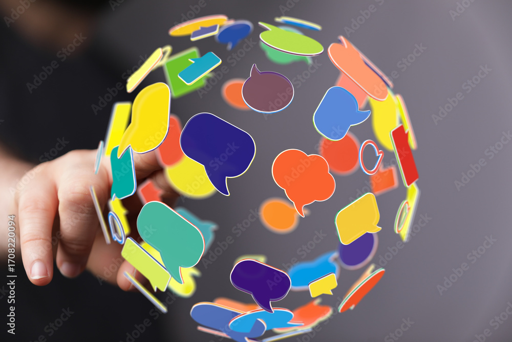 Aufkleber abstract image of colorful speech bubbles forming a global communication network.