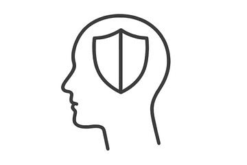 Mental health protection concept. Shield in head icon. Psychology and mental fortitude metaphor. Inner defense, security, and resilience symbol. Strong mindset vector.