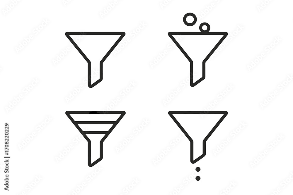 Aufkleber sales funnel icon set for marketing conversion. lead generation pipeline and data filtering process.