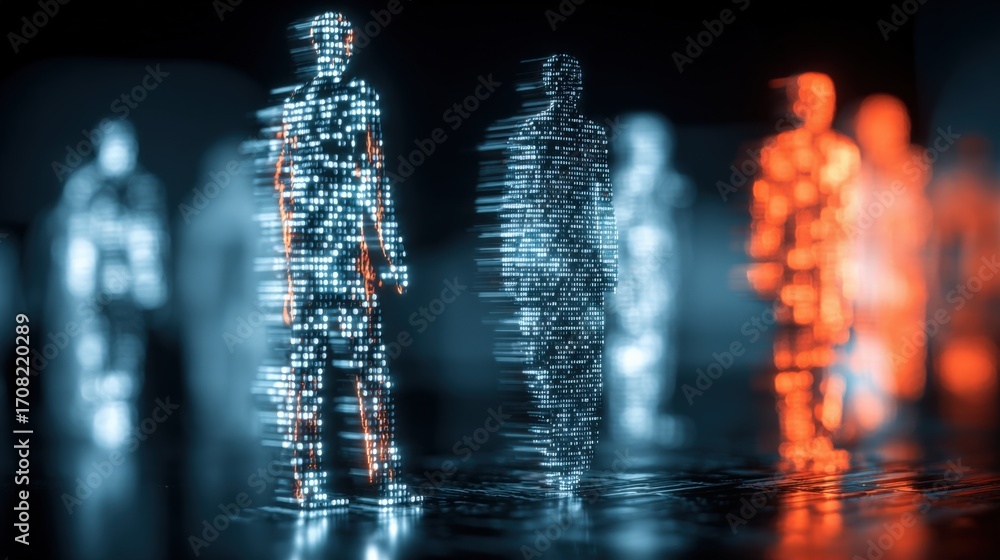 Poster digital human figures in abstract array: data representation, cyber security, futuristic technology 