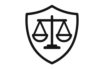 Law and justice concept. Legal protection and defense symbol. Scales of justice in a shield icon. Attorney, lawyer, and court pictogram. Equality, rights, and balance.