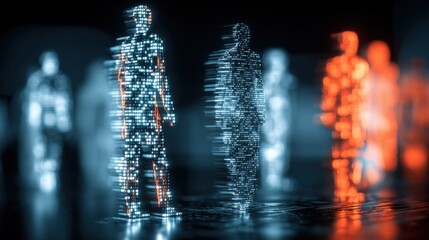 Digital Human Figures in Abstract Array: Data Representation, Cyber Security, Futuristic Technology Concept
