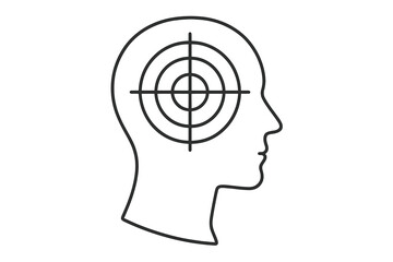 Target in head. Metaphor for having a goal, focus, purpose, concentration. Psychology concept of mindset, objective, and aiming. Vector for mental health, stress, or pressure.