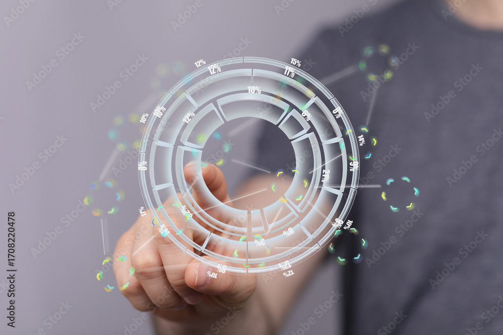 Poster person interacts with a futuristic data dashboard. modern technology, analytics concept.