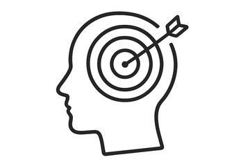 Target in head outline linear symbol, focus, mind goals, precision thinking, mental concentration, bullseye arrow in head silhouette, success concept, vector illustration