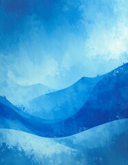 Abstract landscape painting of mountains and sky in shades of blue