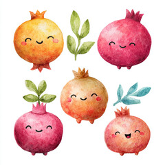 Charming Watercolor Pomegranates with Smiling Faces and Green Leaves