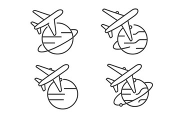 Airplane flying around globe icon set. International travel and transport concept. Thin line vector icons of world flight, tourism, journey, and aviation. Editable stroke.