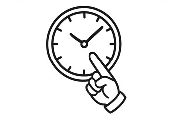 Hand pointing at clock outline vector, time management concept, cartoon style illustration for graphic design, apps, advertising, web, and business cards, transparent background
