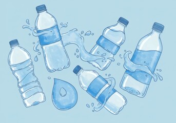 Plastic water bottles with splashes, perfect for environmental or recycling concepts in presentations, articles, or social media posts.