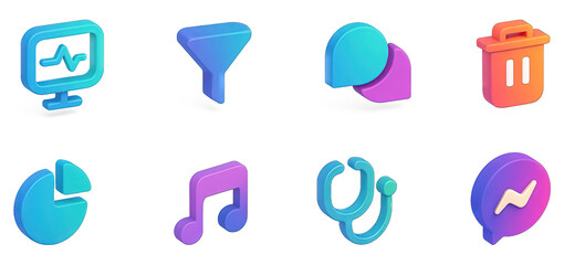 8 colorful 3D icons representing different media and communication tools.