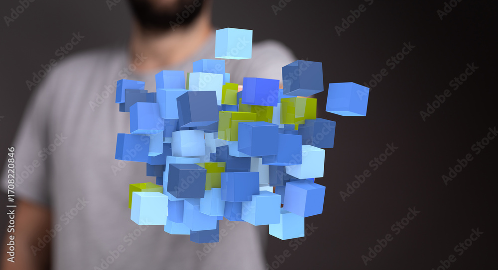 Poster abstract image of a man interacting with floating data cubes. perfect for technology, innovation, an