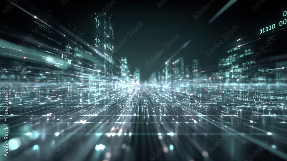 Poster abstract digital cityscape with binary code overlay, representing technology, data, and future urban