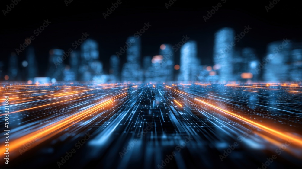 Poster futuristic cityscape with data streams: digital connectivity and technology concept, high-tech urban