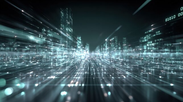 Abstract Digital Cityscape with Binary Code Overlay, Representing Technology, Data, and Future Urban Development