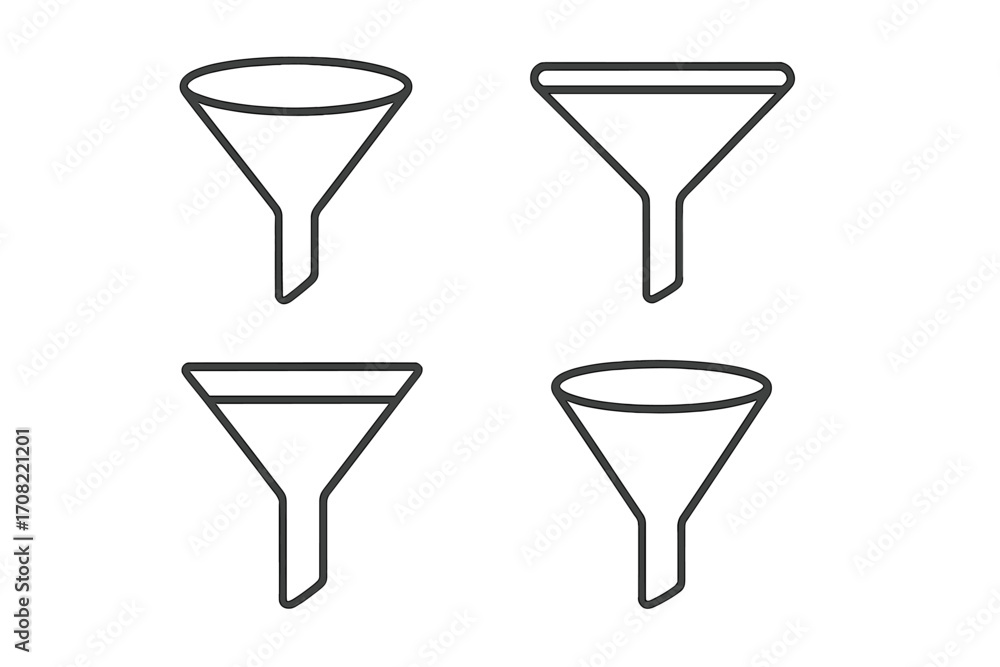 Poster set of four outline funnel icons, line art filter symbols, graphics design elements for apps and con