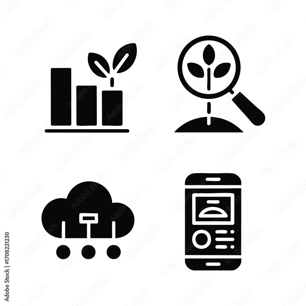Poster data and analytics in agriculture icon set, 4 icons bar chart with a leaf, magnifying glass on a pla