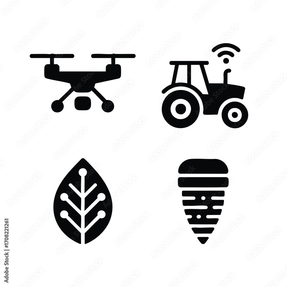 Poster a set of 4 agritech icons a drone, a tractor with a wifi signal, a leaf with a circuit pattern, a so