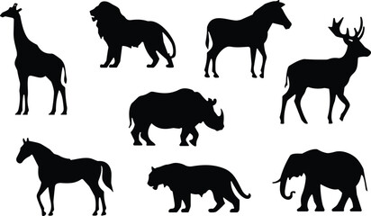 Animal silhouettes,jungle wildlife, safari animals, nature icons, mammal outlines, vector illustration, giraffe, lion, elephant, tiger, deer, horse, rhinoceros, graphic desig