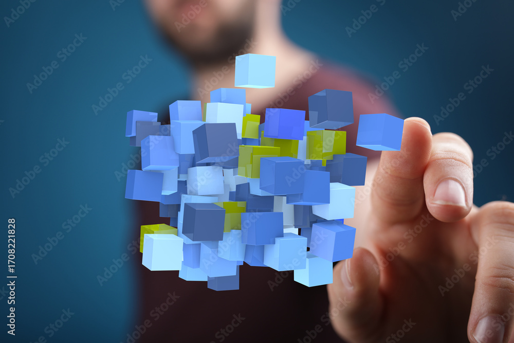 Poster abstract image of a hand interacting with floating blue cubes, representing data, technology, innova