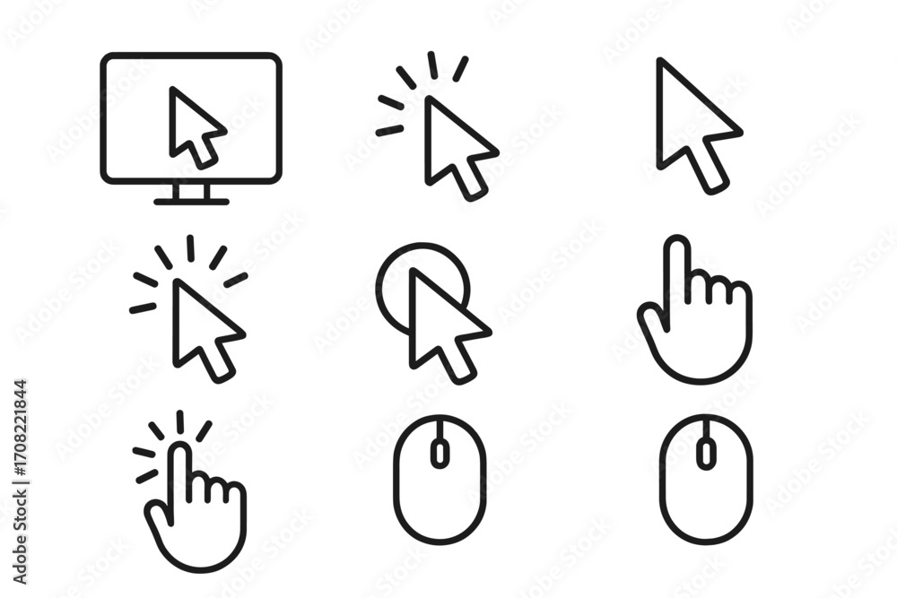 Aufkleber pack of computer and monitor line icons with cursor pointer outline signs, click hand gestures, mous