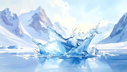 Water Splash in Pixel Art with Snowy Mountain Background Blue Sky and Sunlight
