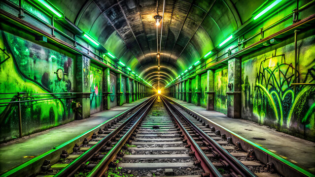 Vibrant subway tunnel with graffiti and glowing green lights leading to distant light