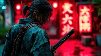 A lone warrior stands in the rain, sword in hand, illuminated by vibrant red neon signs in a bustling urban setting