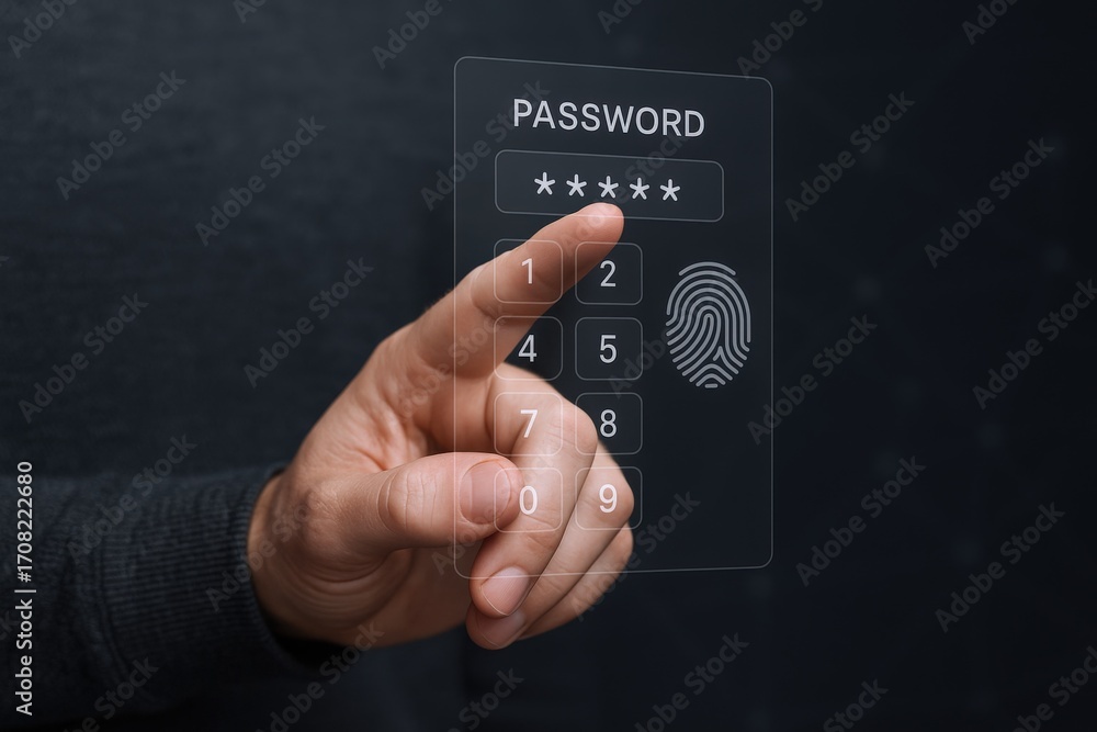 Poster entering password on digital interface with fingerprint scan for enhanced security measures