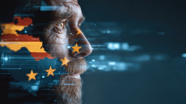 European Union Citizen Conceptual Image: Profile of Person with EU Flag Overlay and Data Stream Background - Powered by Adobe