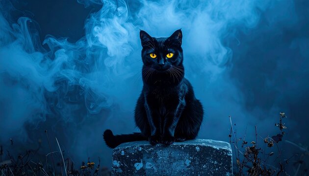 A black cat with glowing yellow eyes sitting on a gravestone mist swirling against a midnight blue background
- Powered by Adobe