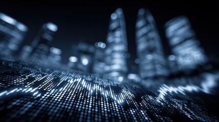 Abstract Digital Data Flowing with Cityscape Background, Representing Modern Technology and Urban Connectivity